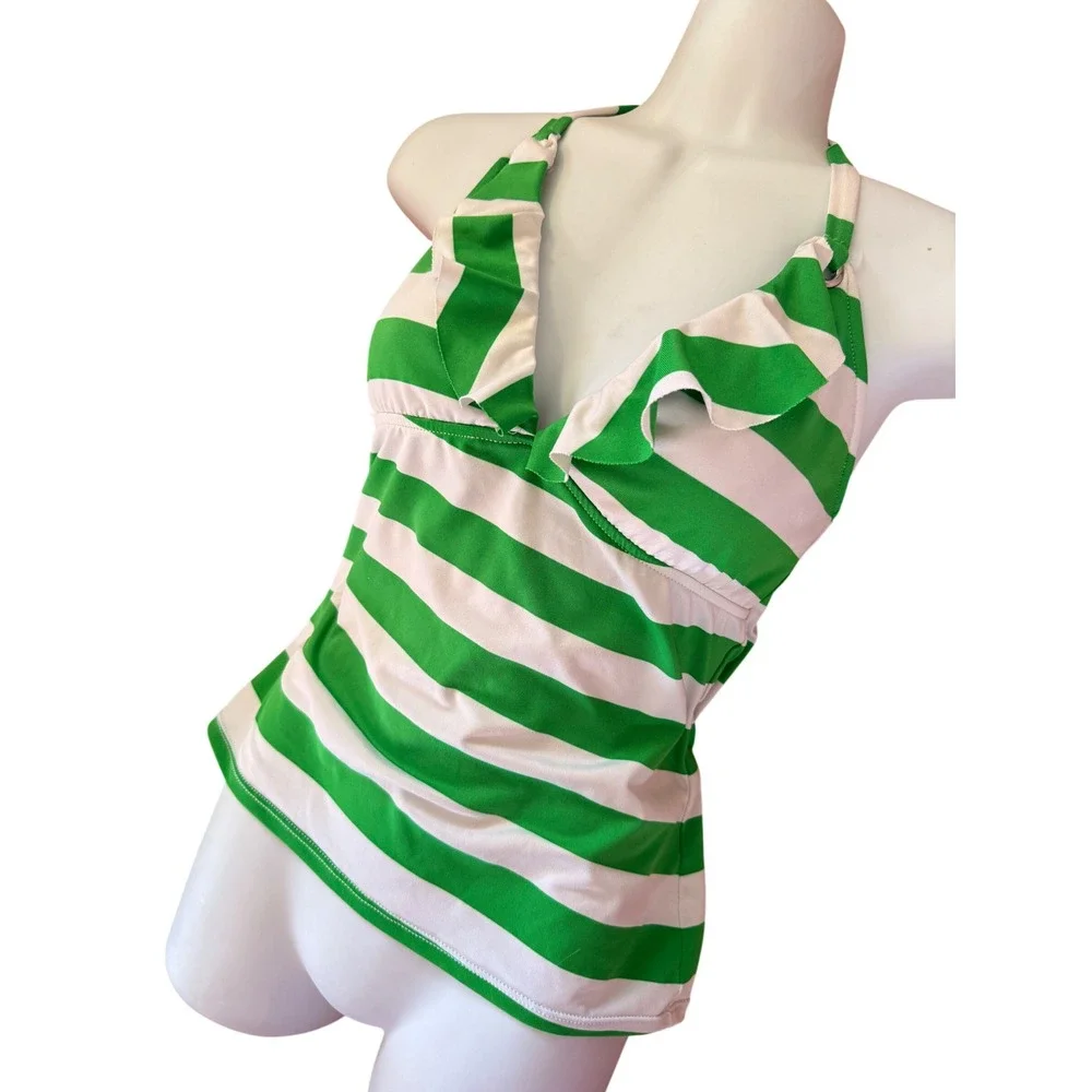 Y2K 2000s style Ralph Lauren Green White Striped Ruffle Halter‎ Tankini Swim Top